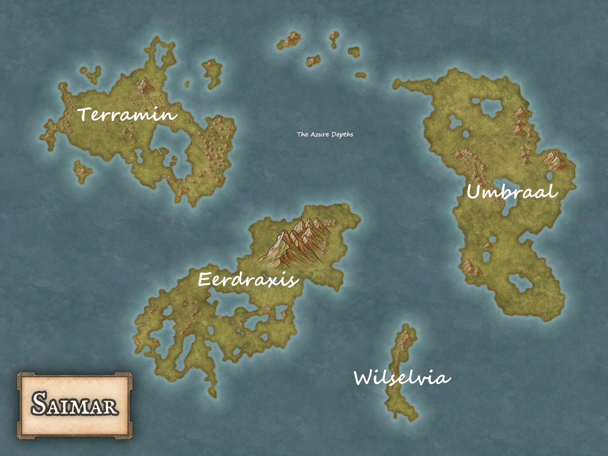 Map of Saimar showing Terramin, Eerdraxis, Umbraal and Wilselvia, separated by the Azure Depths.